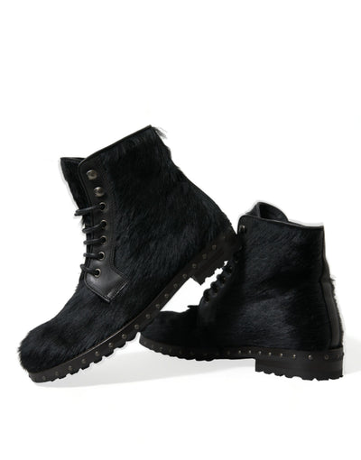 Dolce & Gabbana Black Pony Style Leather Mid Calf Boots Shoes