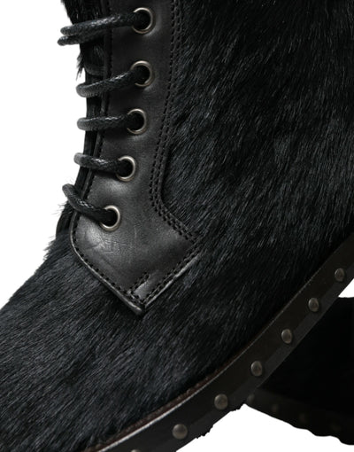 Dolce & Gabbana Black Pony Style Leather Mid Calf Boots Shoes