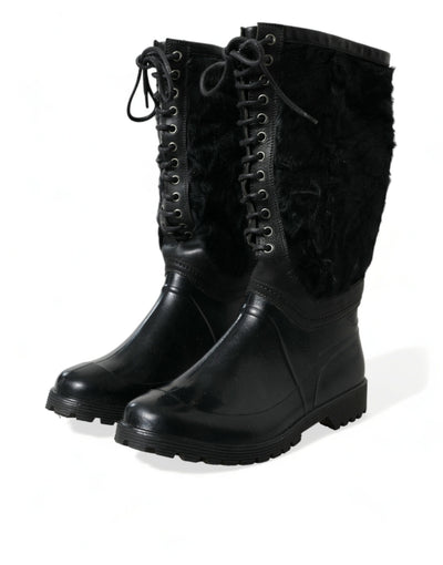 Dolce & Gabbana Black Rubber Lace Up Shearling Rain Boots Shoes