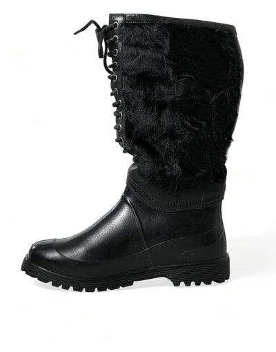 Dolce & Gabbana Black Rubber Lace Up Shearling Rain Boots Shoes