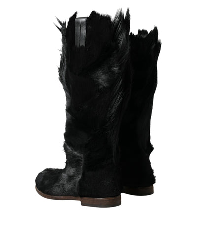 Dolce & Gabbana Black Gazelle Fur Mid Calf Winter Boots Shoes