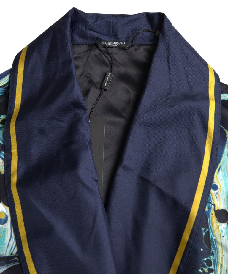 Dolce & Gabbana Marble Blue Silk Waist Belt Robe Sleepwear