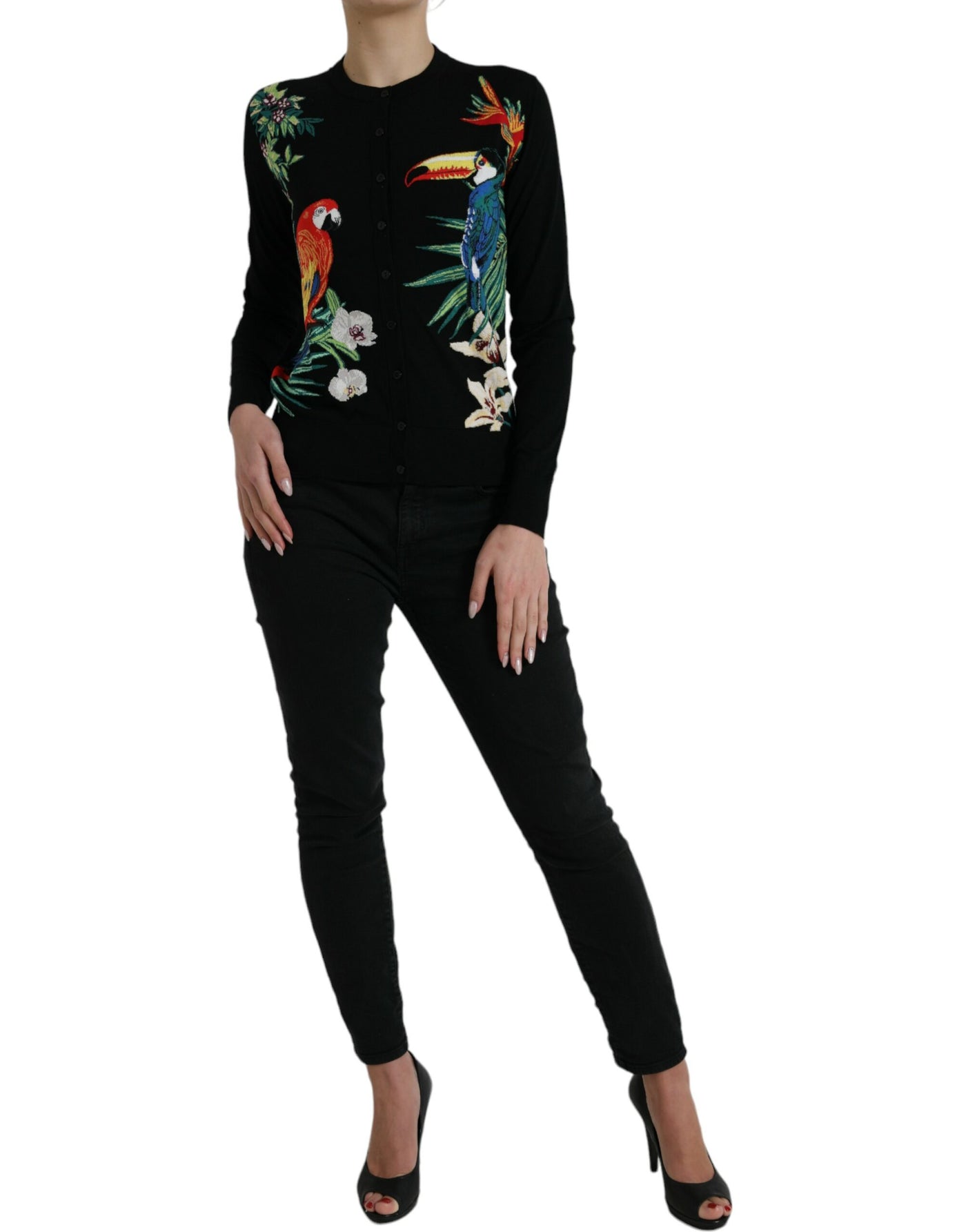 Dolce & Gabbana Black Bird Wool Long Sleeve Cardigan Sweater