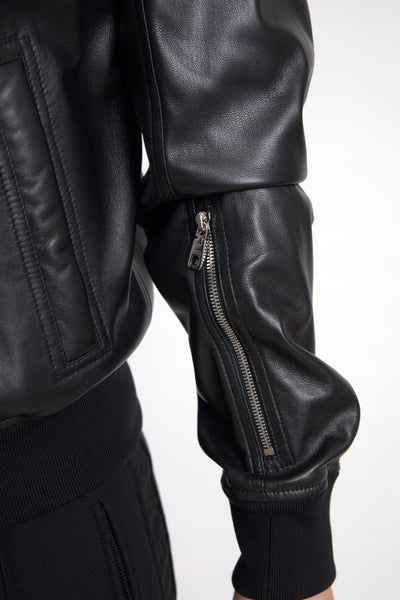Dolce & Gabbana Black Leather Full Zip Bomber Men Jacket