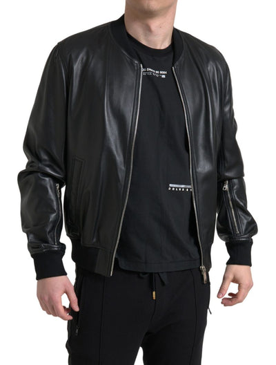 Dolce & Gabbana Black Leather Full Zip Bomber Men Jacket