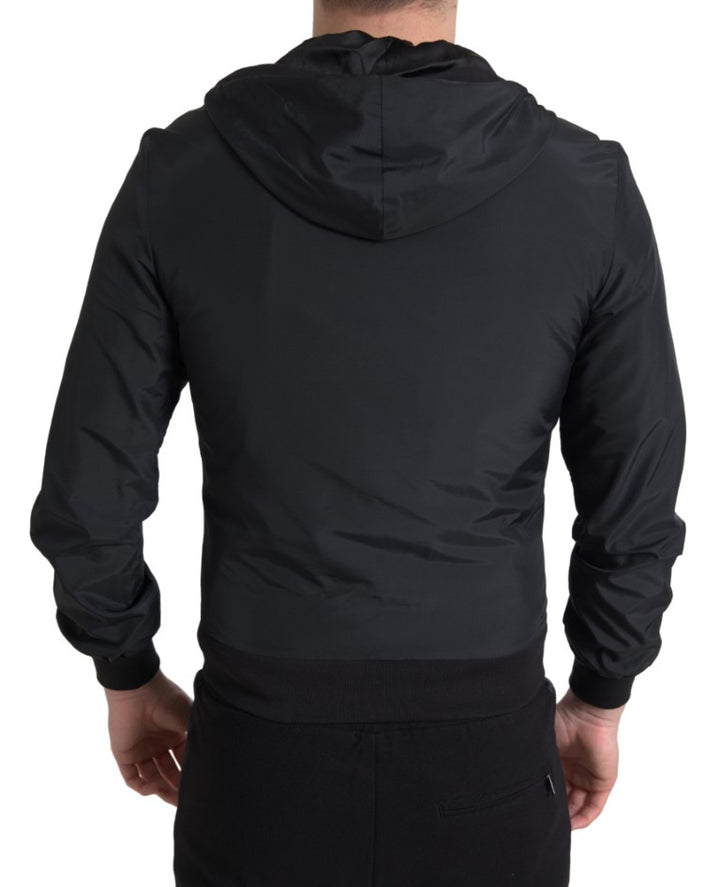 Dolce & Gabbana Black Hooded Nylon Bomber Full Zip Sweater