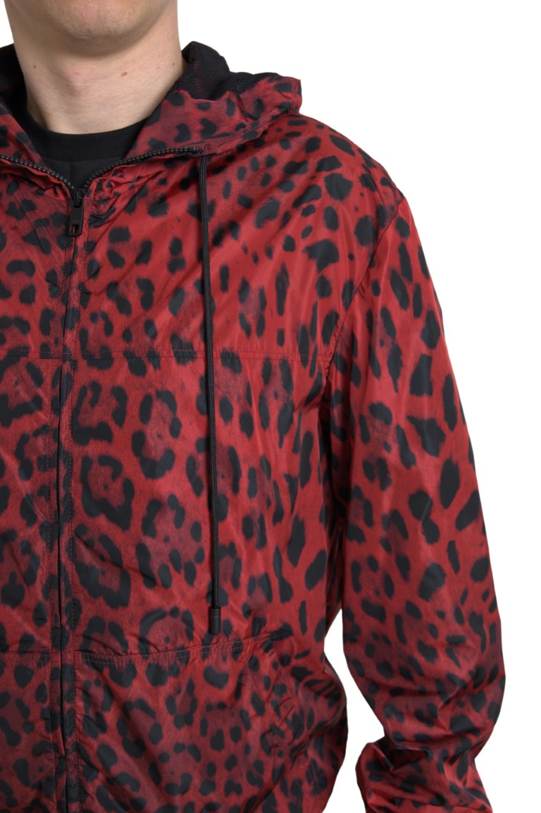 Dolce & Gabbana Red Leopard Hooded Bomber Full Zip Jacket