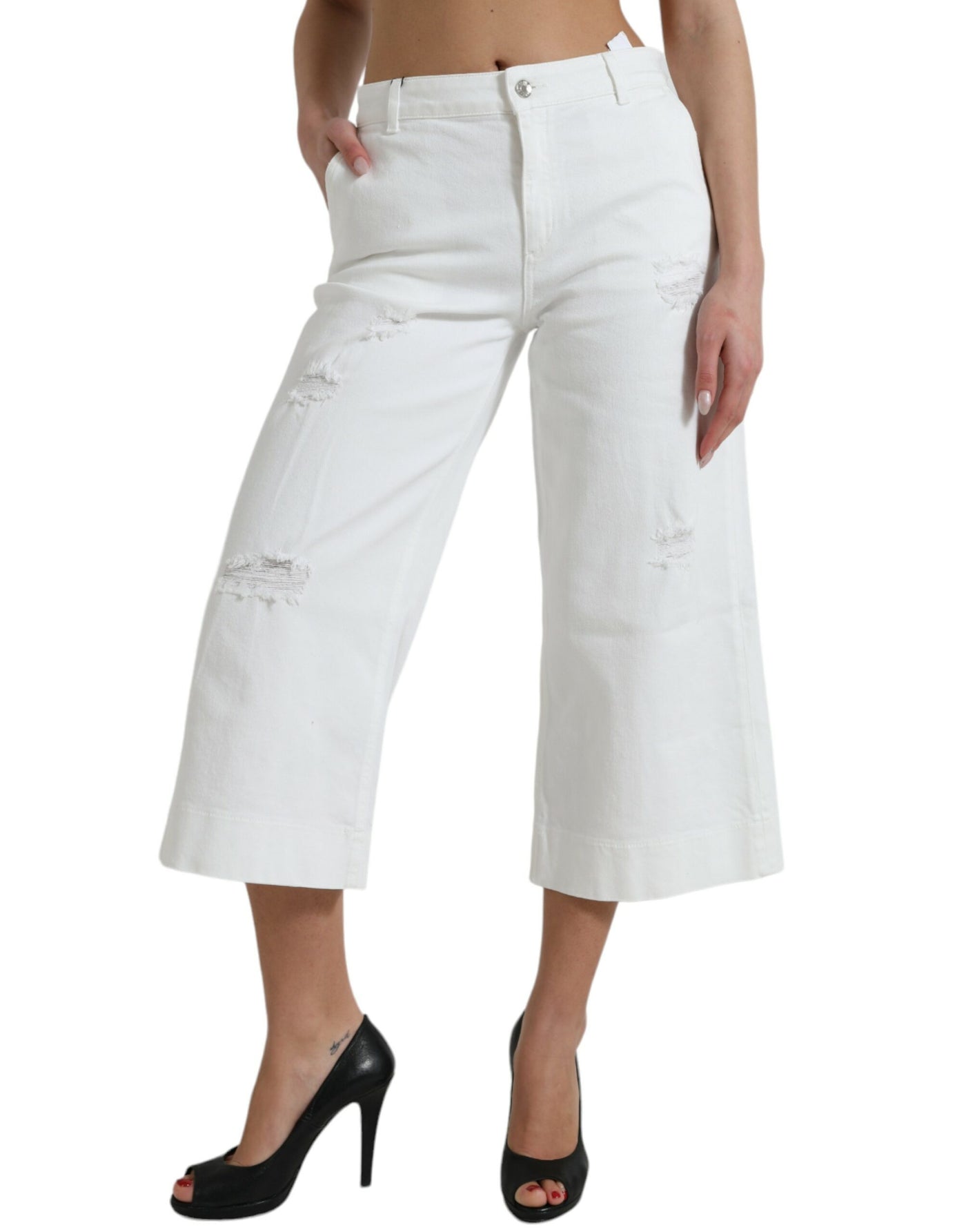 Dolce & Gabbana White Cotton Cropped Wide Leg Denim Jeans