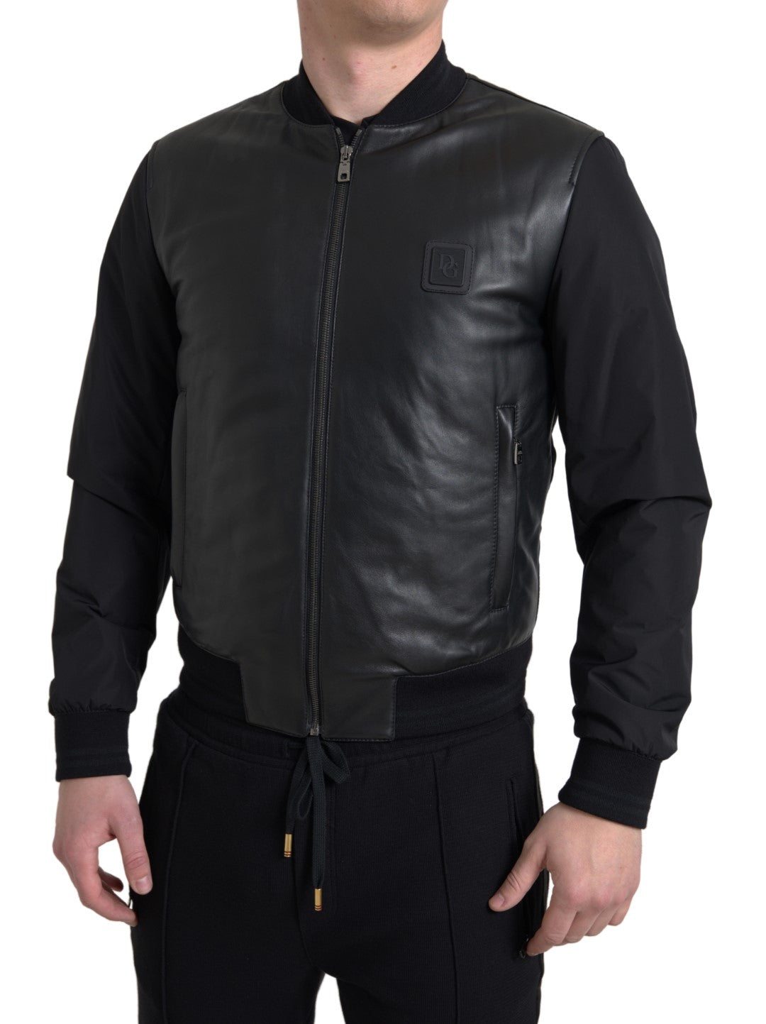 Black Polyester Full Zip Bomber Coat Jacket