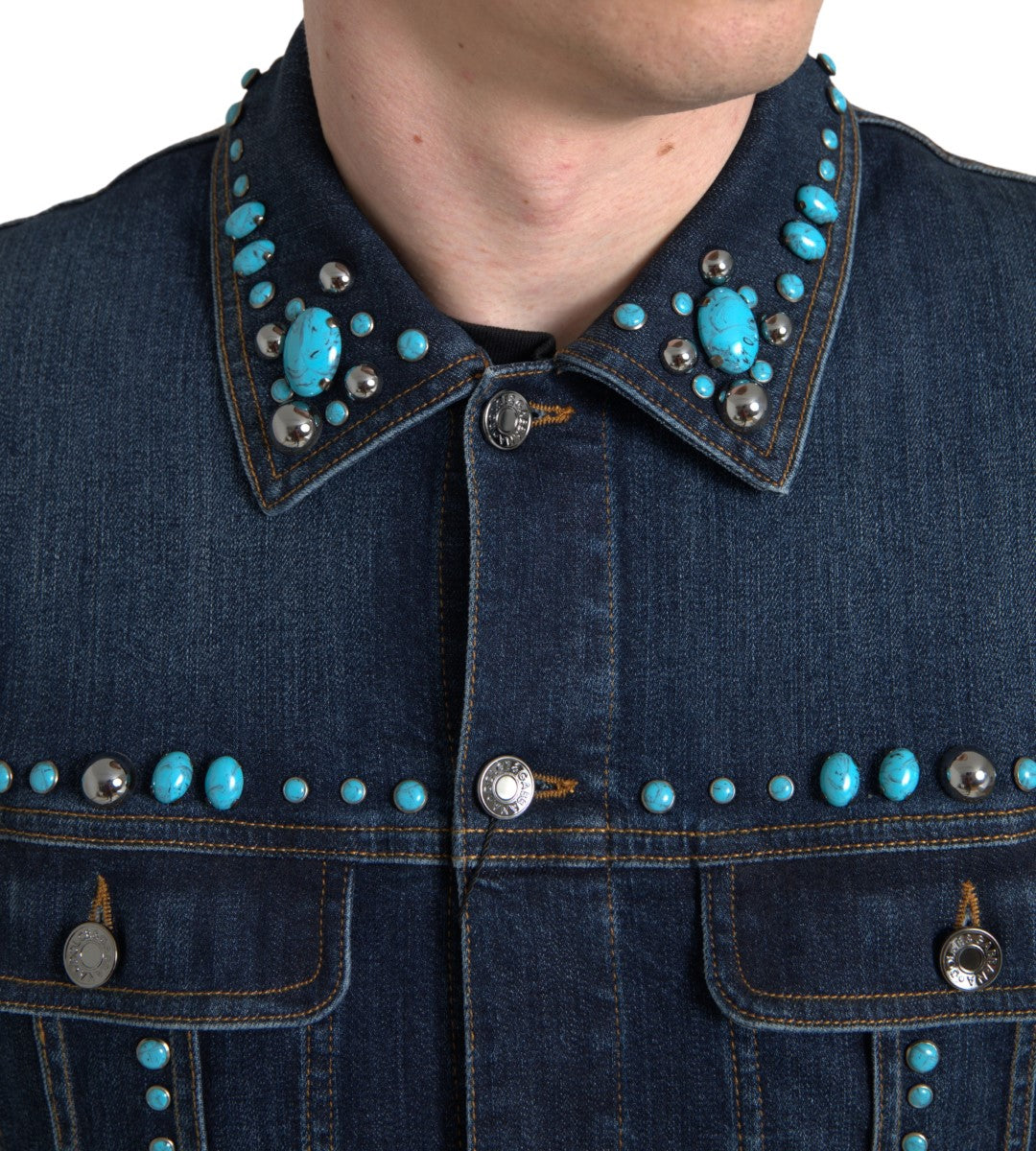 Blue Denim Turquoise Stones Studded Jacket