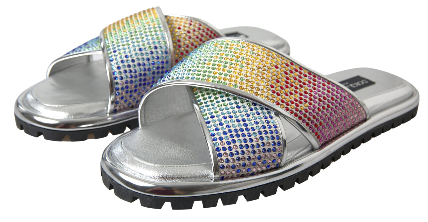 Dolce & Gabbana Silver Crystal Leather Flat Slides Men Shoes