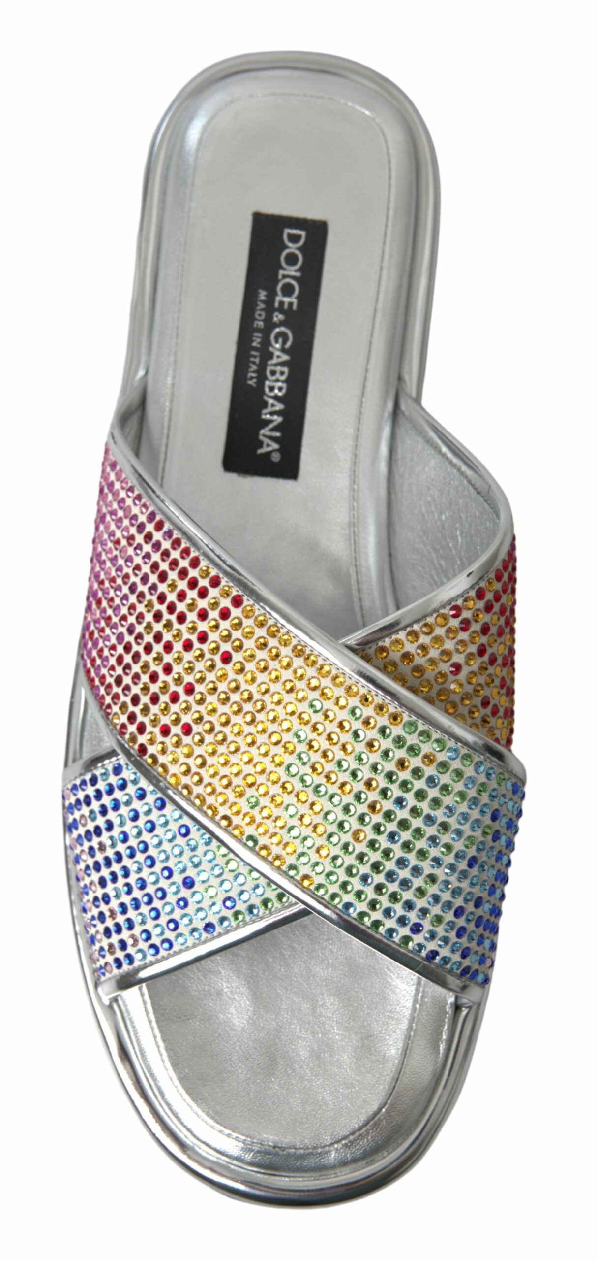 Dolce & Gabbana Silver Crystal Leather Flat Slides Men Shoes