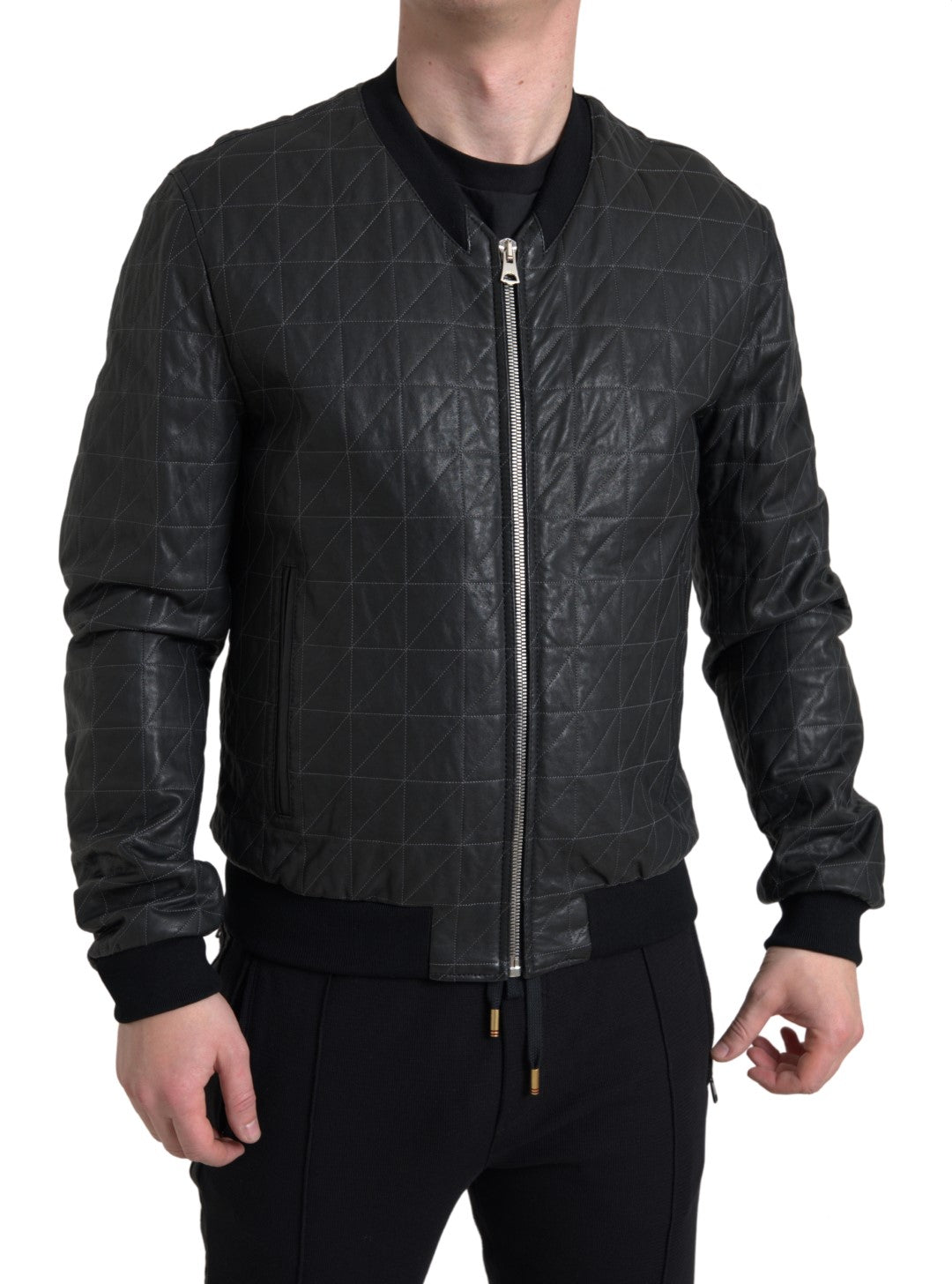 Black Leather Full Zip Bomber Coat Jacket