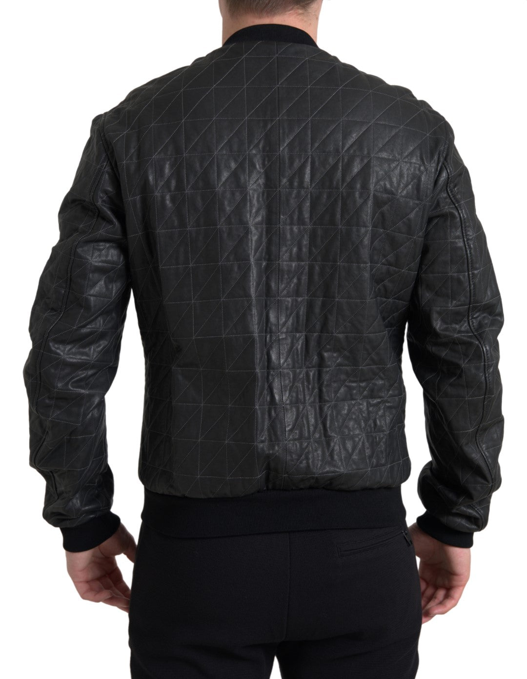Black Leather Full Zip Bomber Coat Jacket