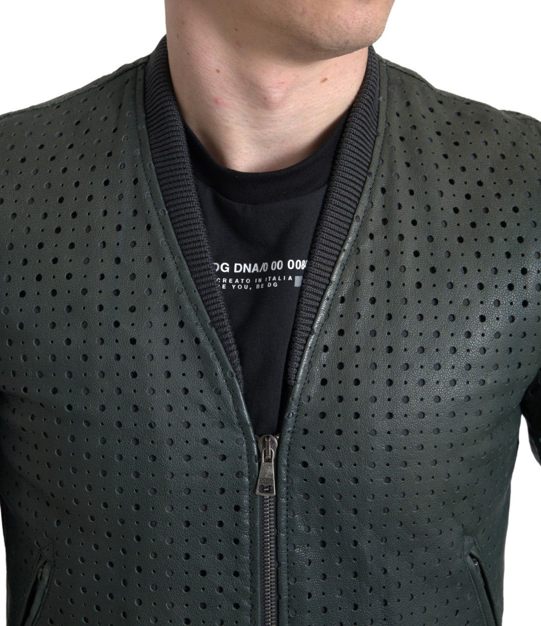 Green Perforated Leather Bomber Jacket
