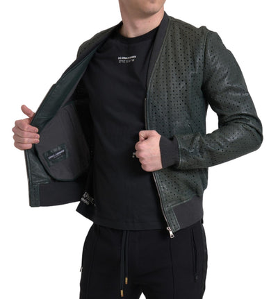 Green Perforated Leather Bomber Jacket
