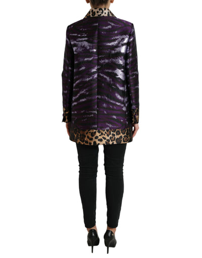 Dolce & Gabbana Purple Lamé Jacquard Tiger Print Coat Jacket