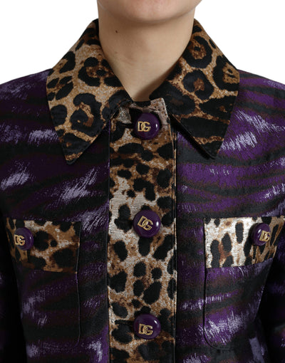 Dolce & Gabbana Purple Lamé Jacquard Tiger Print Coat Jacket