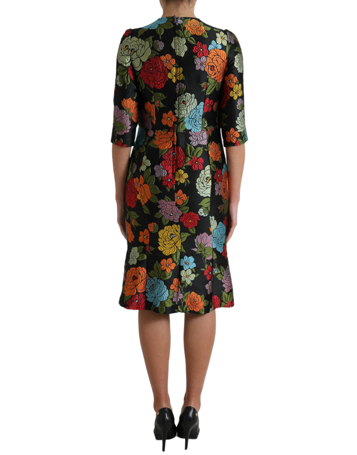 Dolce & Gabbana Black Floral Embroidery Knee Length Dress