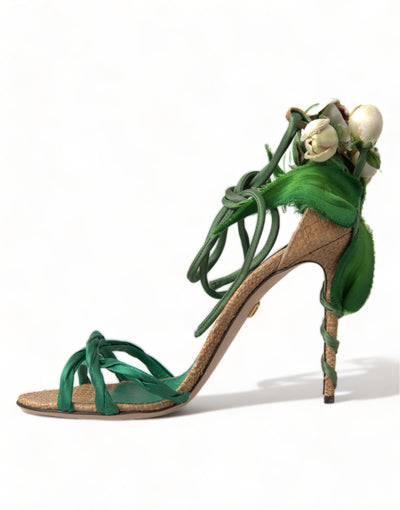 Green Flower Satin Heels Sandals Shoes