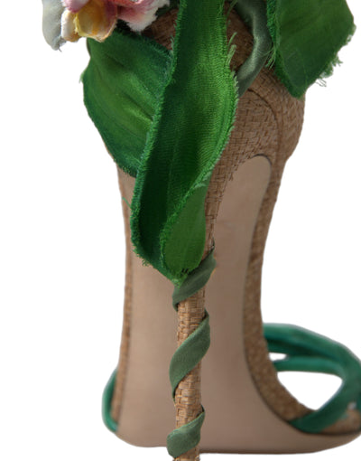 Green Flower Satin Heels Sandals Shoes