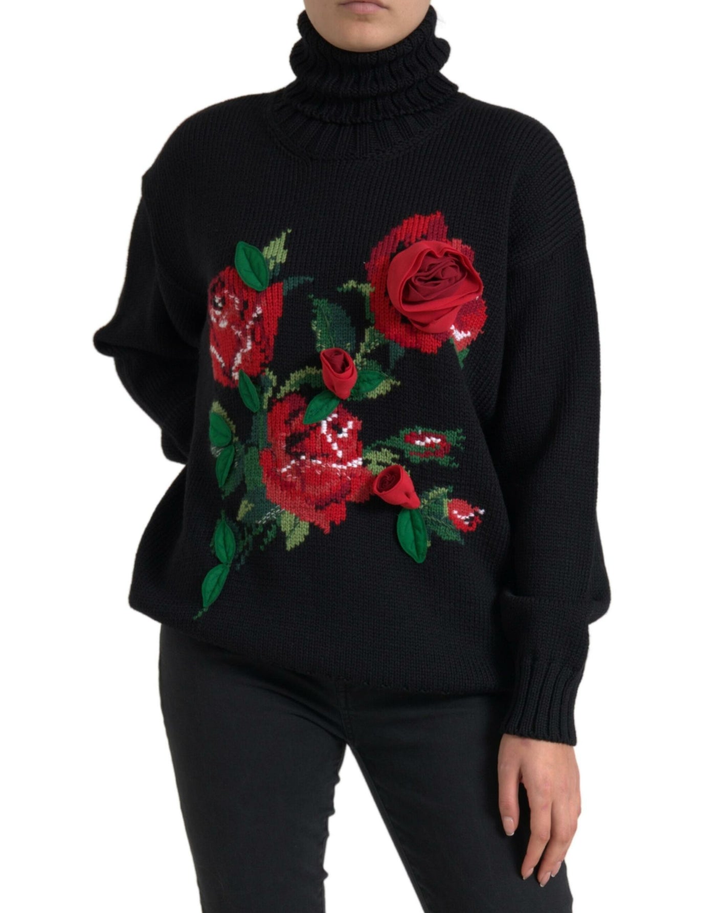 Black Roses Wool Turtleneck Pullover Sweater