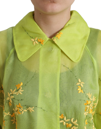 Dolce & Gabbana Green Silk Floral Embroidery Long Coat Jacket