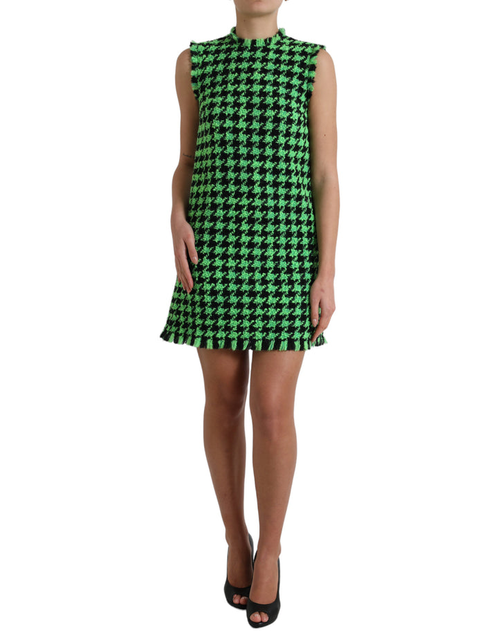 Dolce & Gabbana Green Houndstooth Sleeveless Aline Mini Dress
