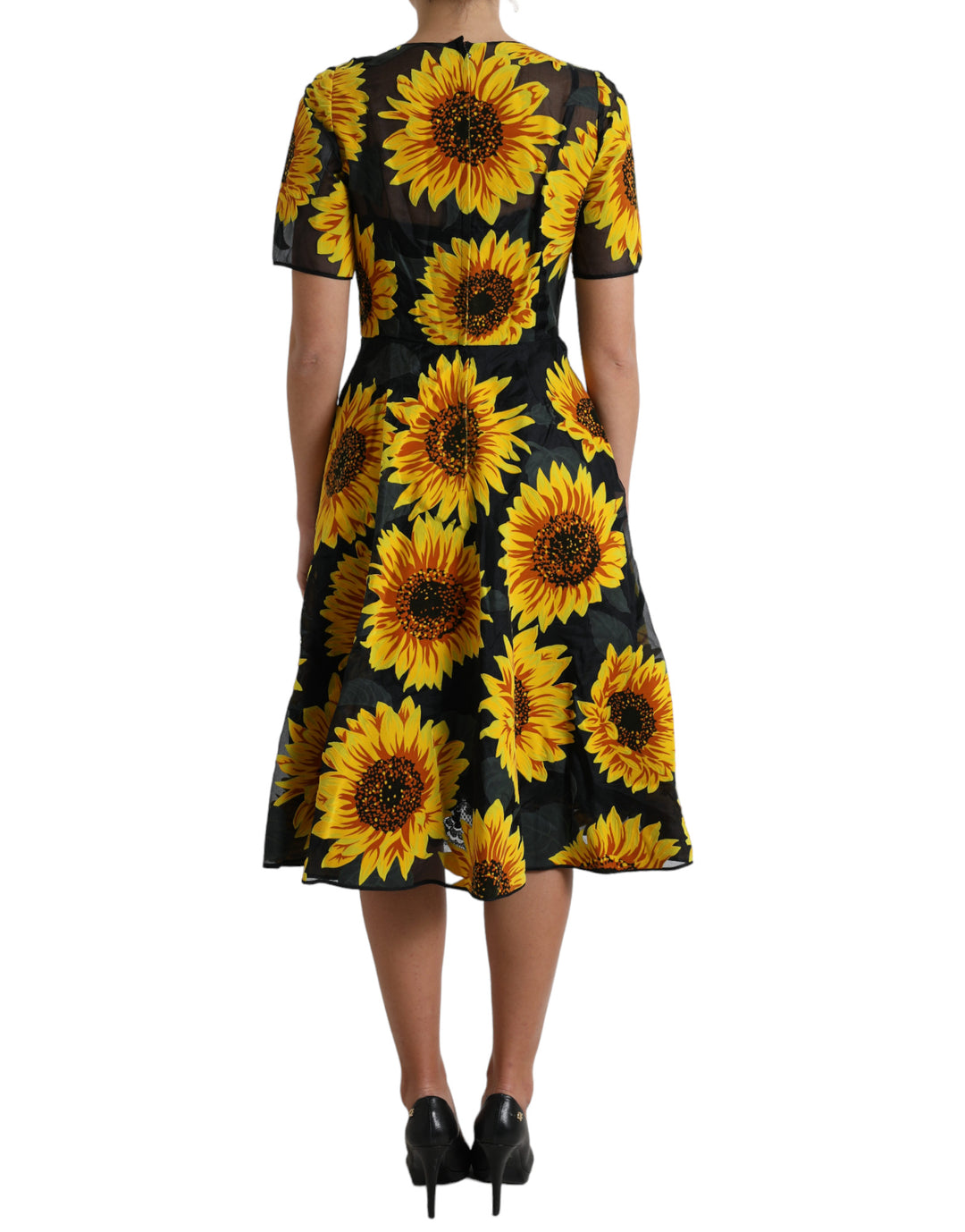 Dolce & Gabbana Black Sunflower Print Nylon A-line Midi Dress