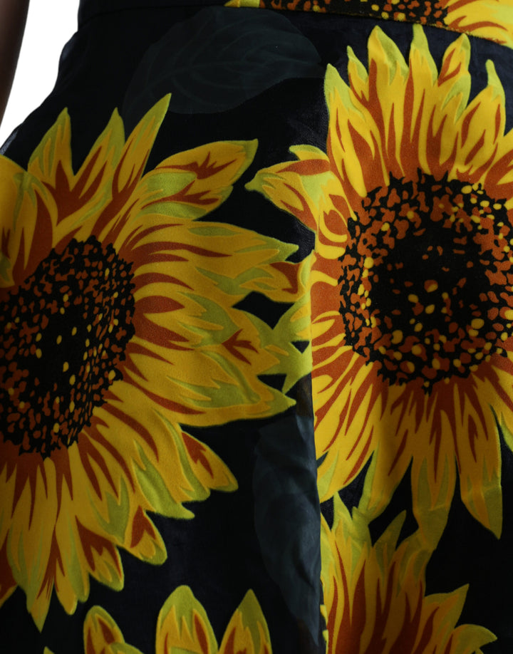 Dolce & Gabbana Black Sunflower Print Nylon A-line Midi Dress