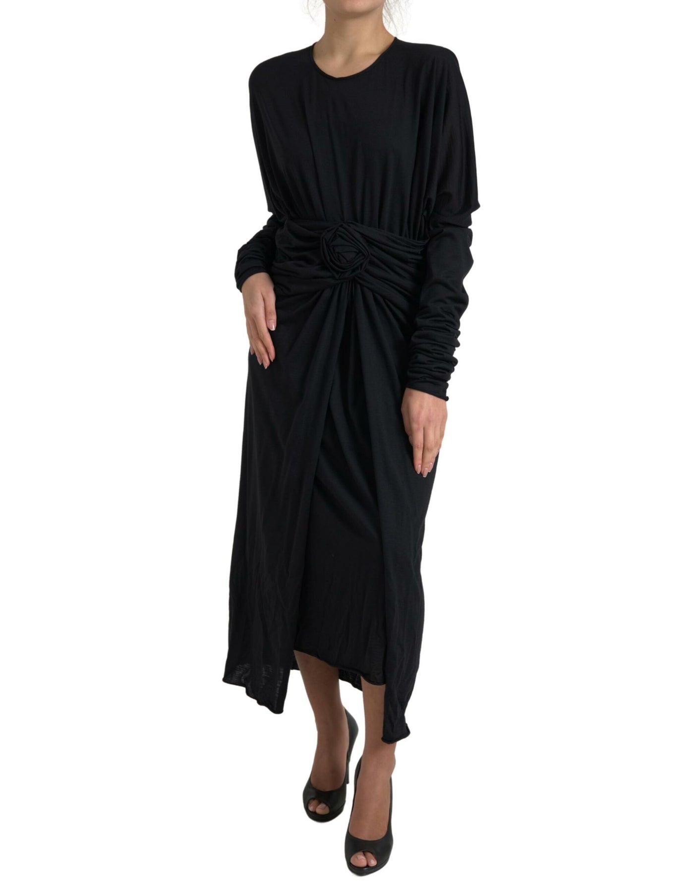 Black Wool Wrap Sheath Midi Gown Dress