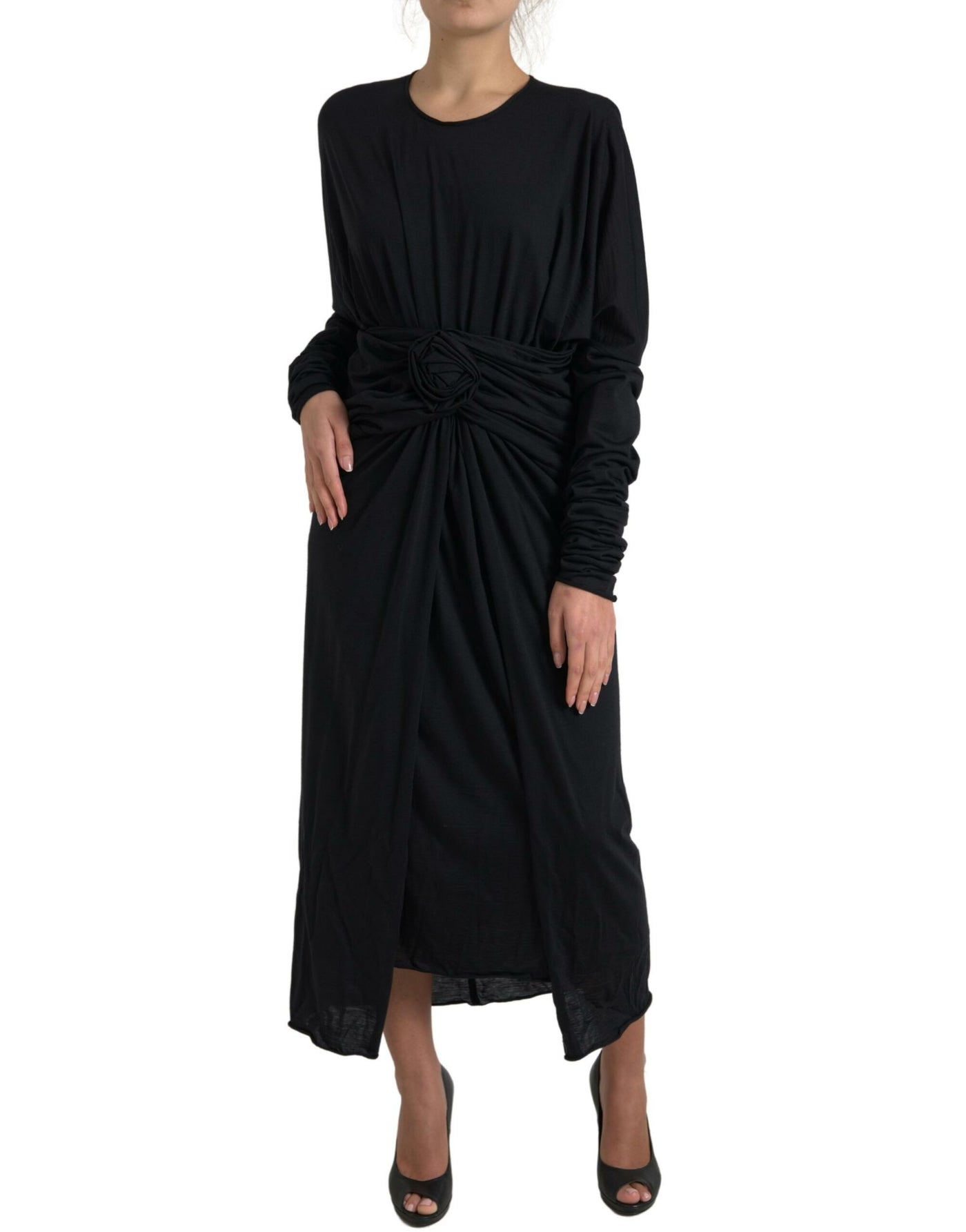 Black Wool Wrap Sheath Midi Gown Dress