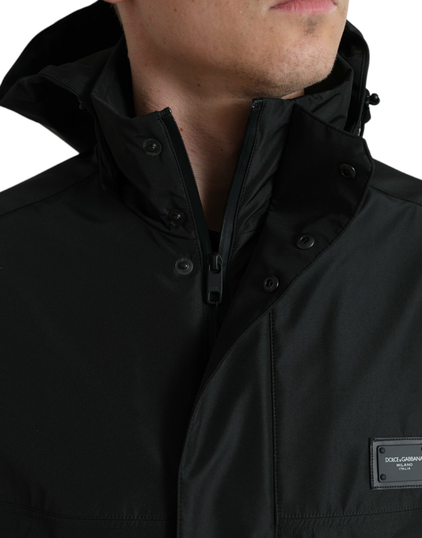 Dolce & Gabbana Black Polyester Logo Plaque Hooded Jacket