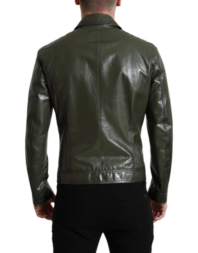 Dolce & Gabbana Green Leather Collared Biker Full Zip Jacket