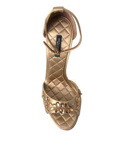 Gold Satin Ankle Strap Crystal Sandals Shoes