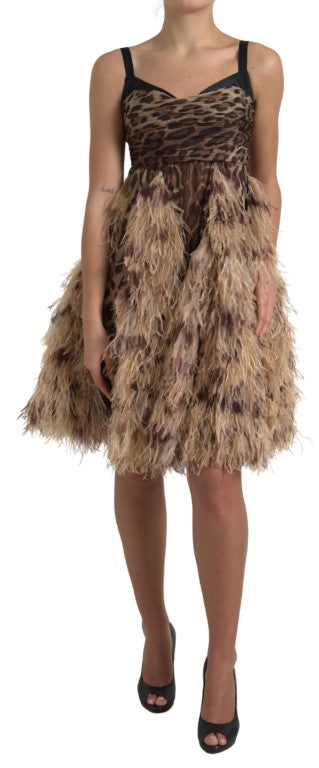 Dolce & Gabbana Brown Leopard Feather Chiffon Sleeveless Dress