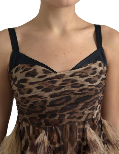 Dolce & Gabbana Brown Leopard Feather Chiffon Sleeveless Dress