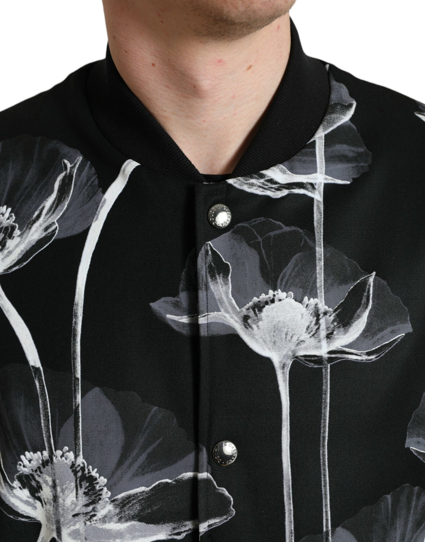 Dolce & Gabbana Black Floral Print Wool Button Down Bomber Jacket