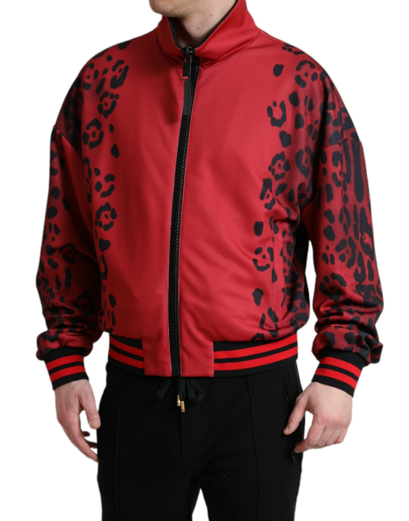 Dolce & Gabbana Red Leopard Polyester Bomber Full Zip Jacket