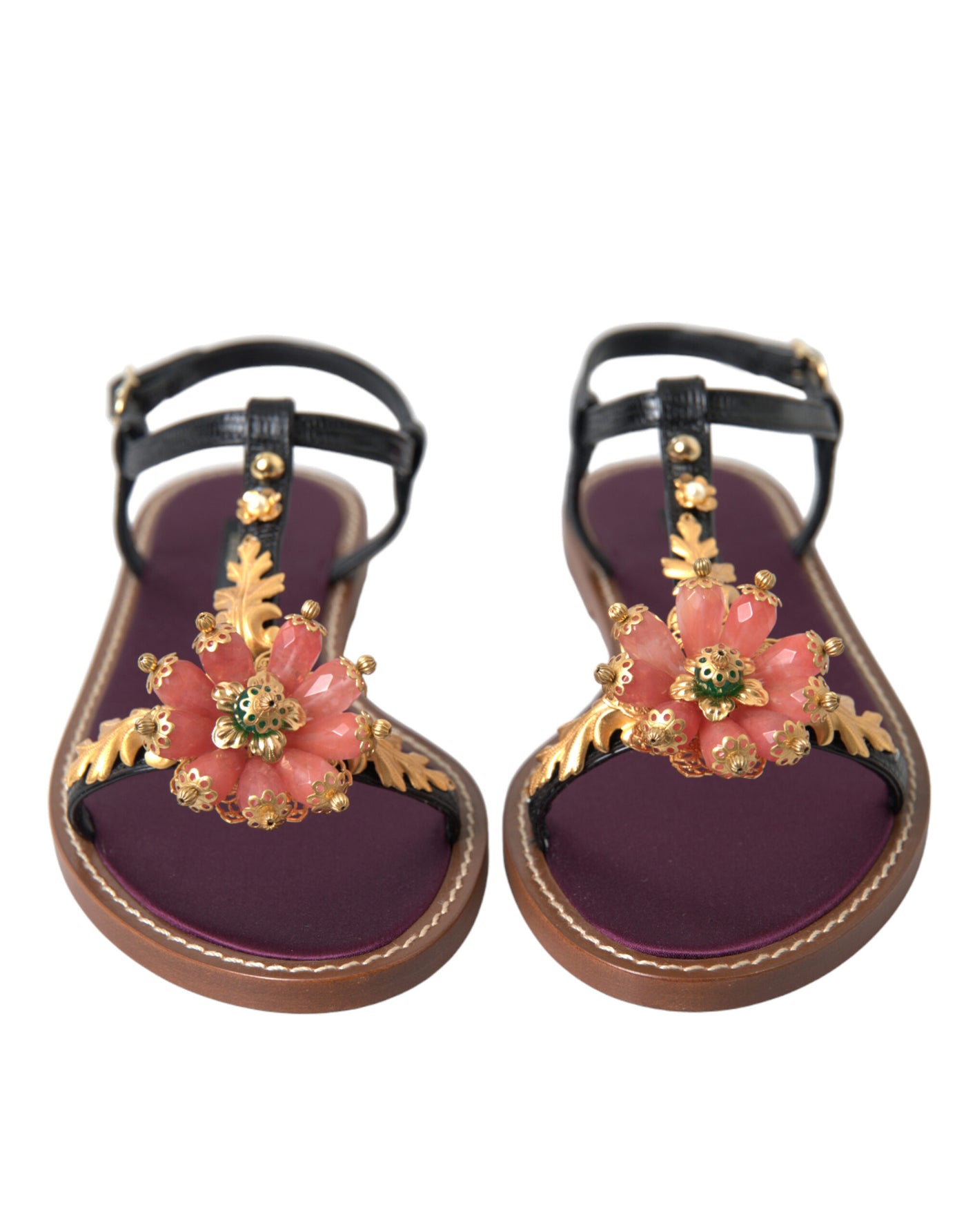 Dolce & Gabbana Black Crystal Gold Sandals Leather Shoes