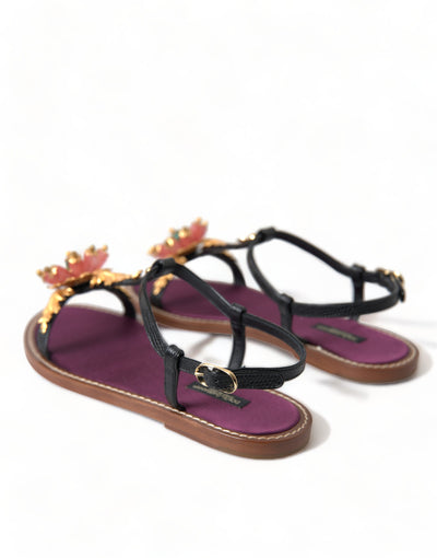 Dolce & Gabbana Black Crystal Gold Sandals Leather Shoes