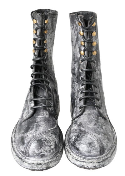 Dolce & Gabbana Black Gray Leather Mid Calf Boots Shoes