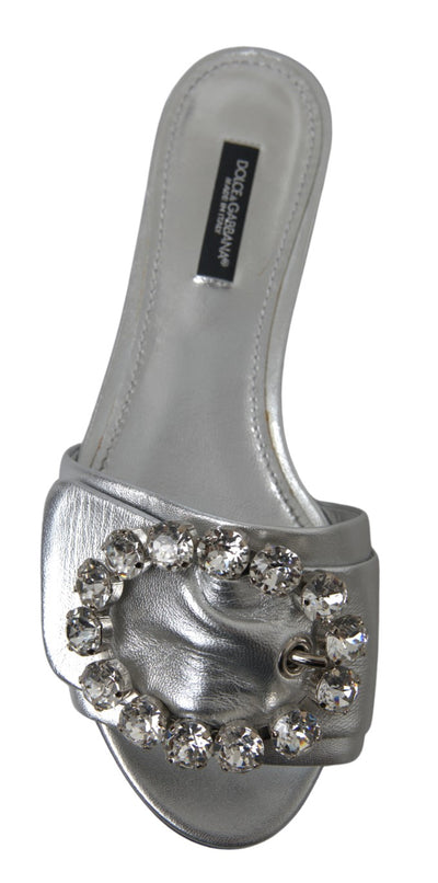 Dolce & Gabbana Silver Crystal Embellished Slides Flat Shoes