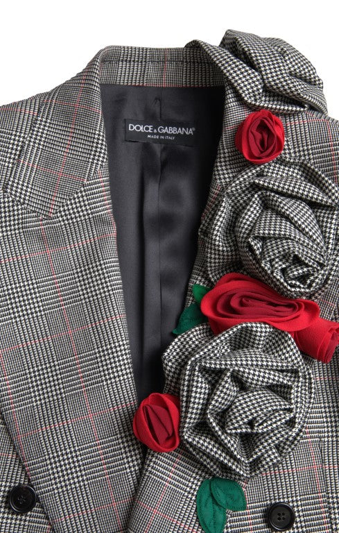 Dolce & Gabbana Gray Plaid Rose Applique Coat Blazer Jacket