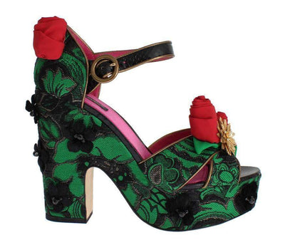 Dolce & Gabbana  Green Brocade Snakeskin Roses Crystal Shoes #women, Brand_Dolce & Gabbana, Catch, Category_Shoes, Dolce & Gabbana, EU35/US4.5, feed-agegroup-adult, feed-color-green, feed-gender-female, feed-size-US4.5, Gender_Women, Green, Kogan, Platforms & Wedges - Women - Shoes, Sandals - Women - Shoes at SEYMAYKA