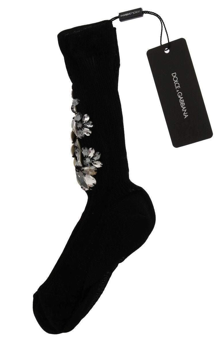 Dolce & Gabbana Black Knitted Floral Clear Crystal Socks #women, Black, Brand_Dolce & Gabbana, Catch, Dolce & Gabbana, feed-agegroup-adult, feed-color-black, feed-gender-female, feed-size-M, feed-size-S, Gender_Women, Kogan, M, S, Tights & Socks - Women - Clothing, Women - New Arrivals at SEYMAYKA