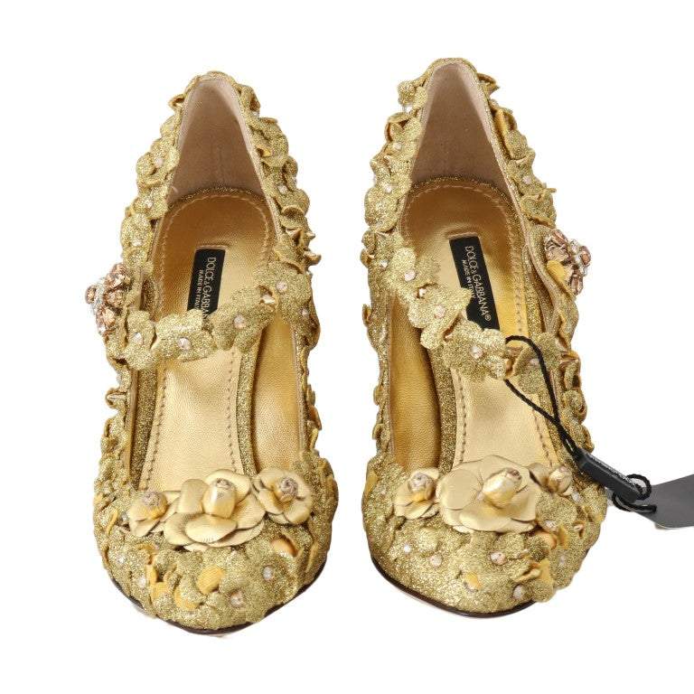 Dolce & Gabbana Gold Floral Crystal Mary Janes Pumps Dolce & Gabbana, EU38.5/US8, EU39/US8.5, feed-agegroup-adult, feed-color-Gold, feed-gender-female, Gold, Pumps - Women - Shoes, Shoes - New Arrivals at SEYMAYKA