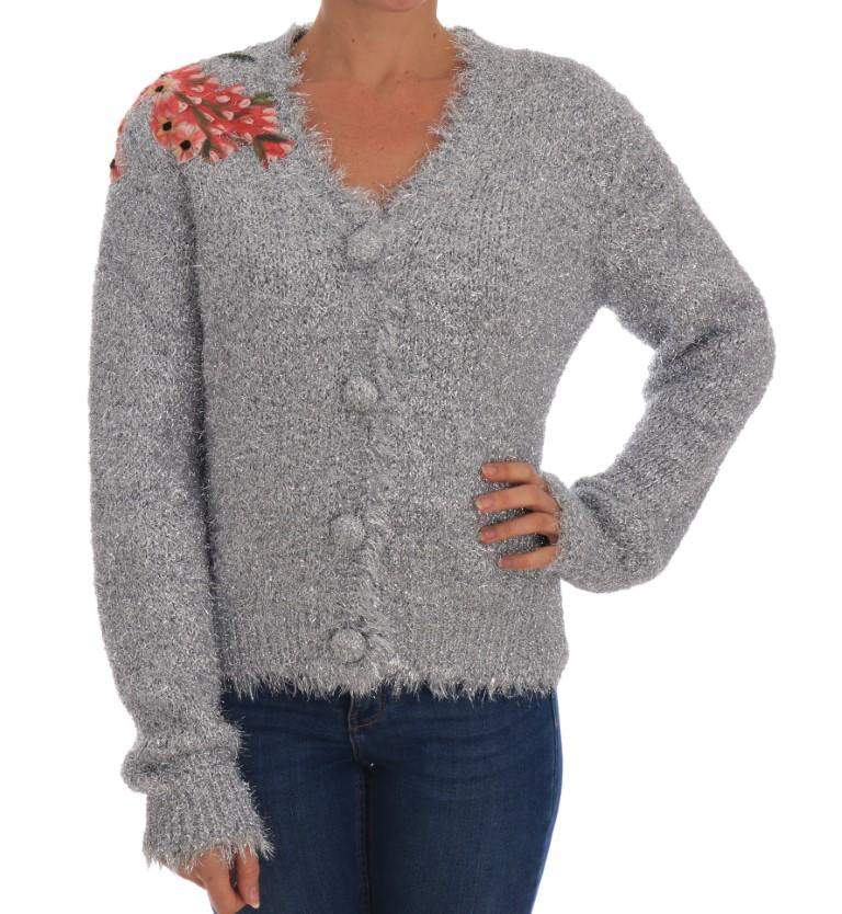 Dolce & Gabbana  Silver Cardigan Floral Applique Sweater #women, Brand_Dolce & Gabbana, Catch, Dolce & Gabbana, feed-agegroup-adult, feed-color-silver, feed-gender-female, feed-size-IT44|L, Gender_Women, IT44|L, Kogan, Silver, Sweaters - Women - Clothing, Women - New Arrivals at SEYMAYKA