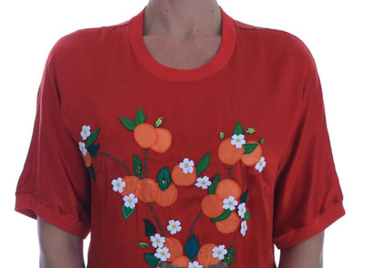 Dolce & Gabbana  Red Silk Oranges Floral Crystal Blouse #women, Brand_Dolce & Gabbana, Catch, Dolce & Gabbana, feed-agegroup-adult, feed-color-red, feed-gender-female, feed-size-IT36 | XS, feed-size-IT38 | S, Gender_Women, IT36 | XS, IT38 | S, Kogan, Red, Tops & T-Shirts - Women - Clothing, Women - New Arrivals at SEYMAYKA