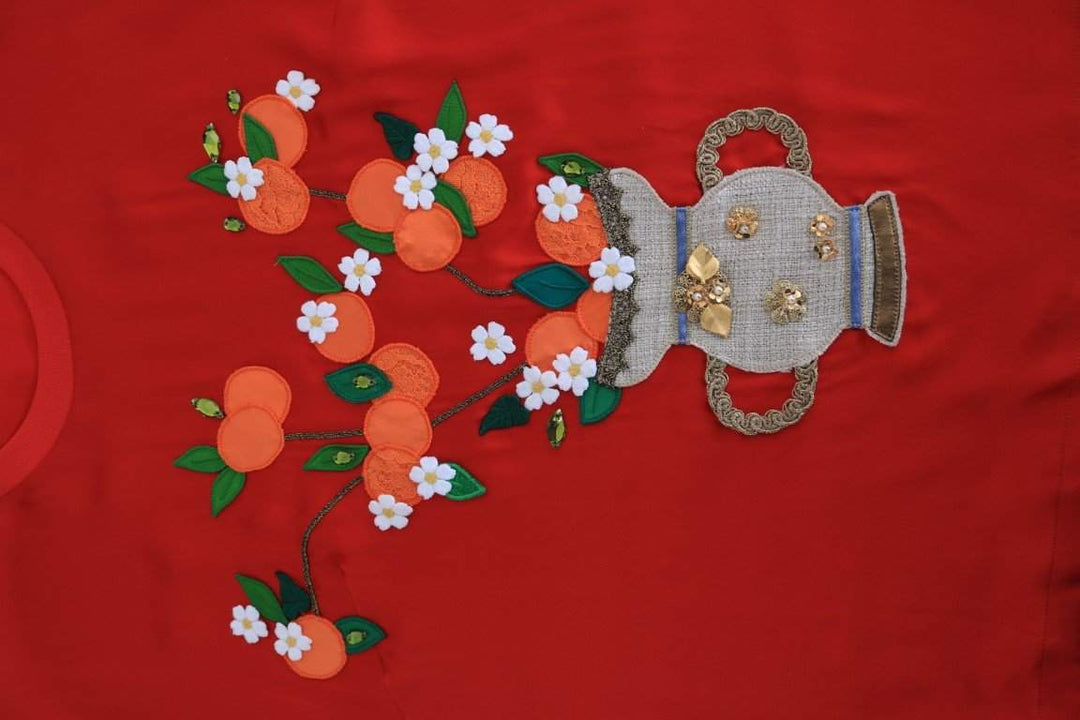 Dolce & Gabbana  Red Silk Oranges Floral Crystal Blouse #women, Brand_Dolce & Gabbana, Catch, Dolce & Gabbana, feed-agegroup-adult, feed-color-red, feed-gender-female, feed-size-IT36 | XS, feed-size-IT38 | S, Gender_Women, IT36 | XS, IT38 | S, Kogan, Red, Tops & T-Shirts - Women - Clothing, Women - New Arrivals at SEYMAYKA